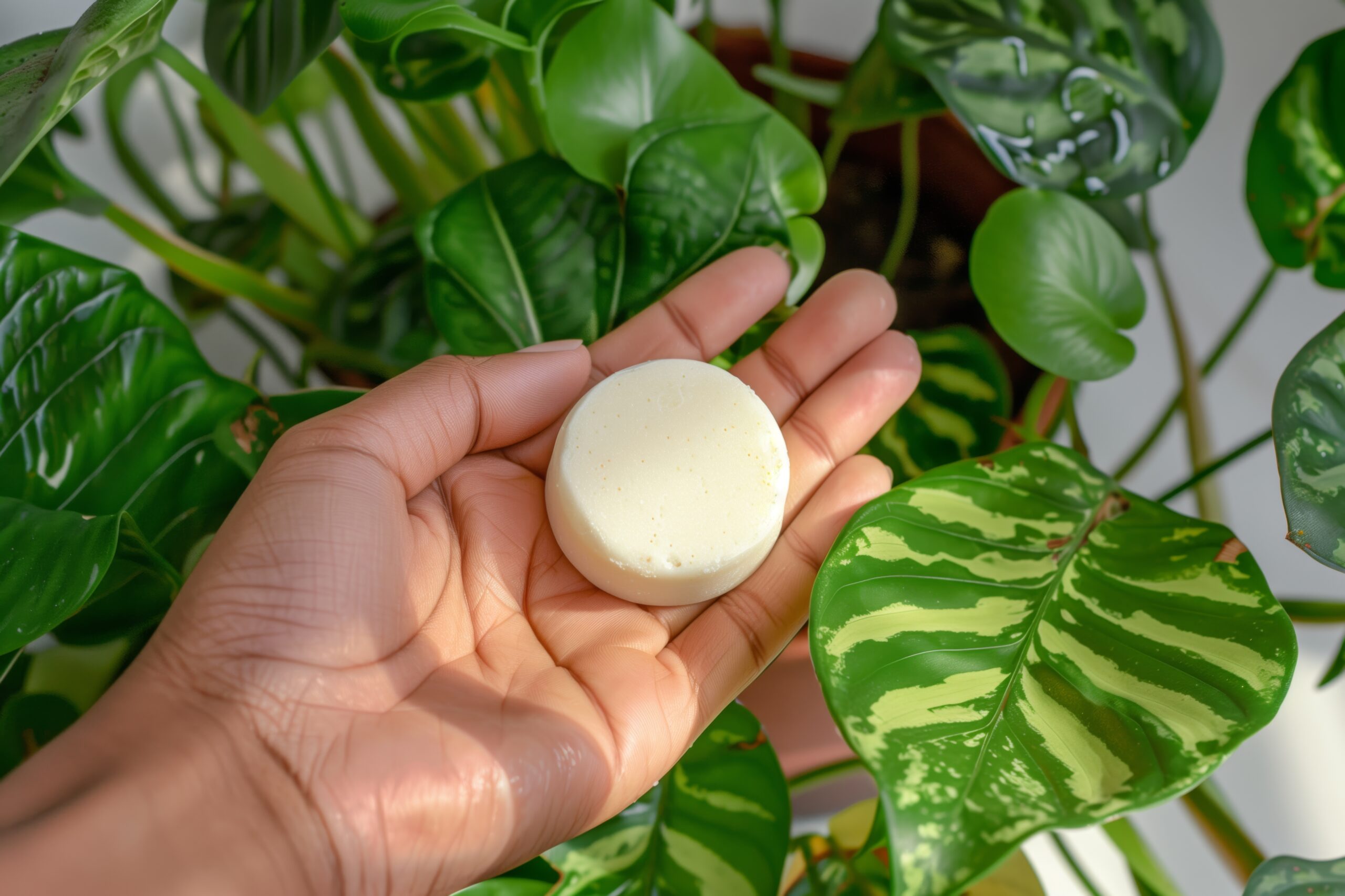 person holding solid shampoo bar with green plants