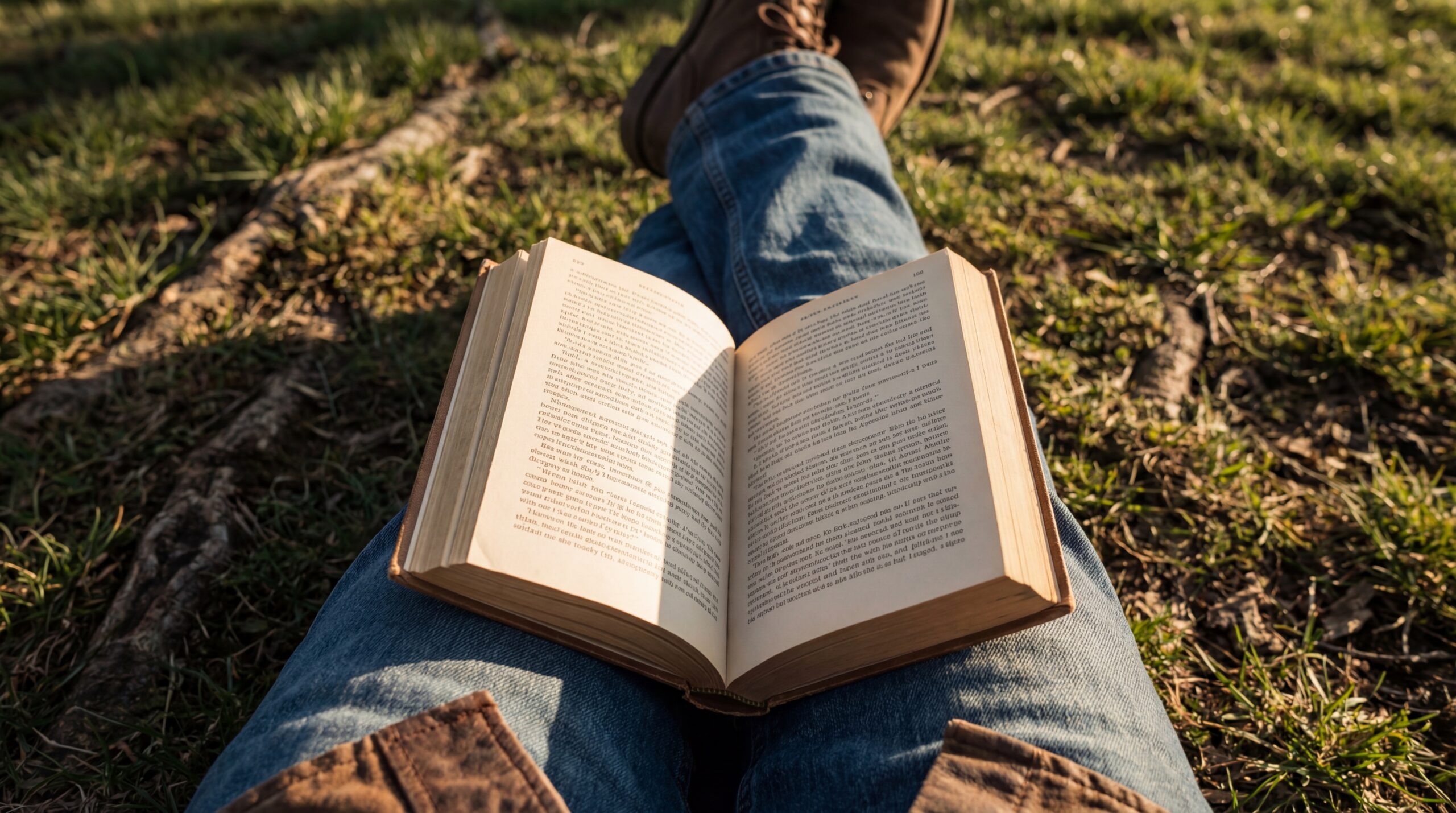 Person reading book lying on grass