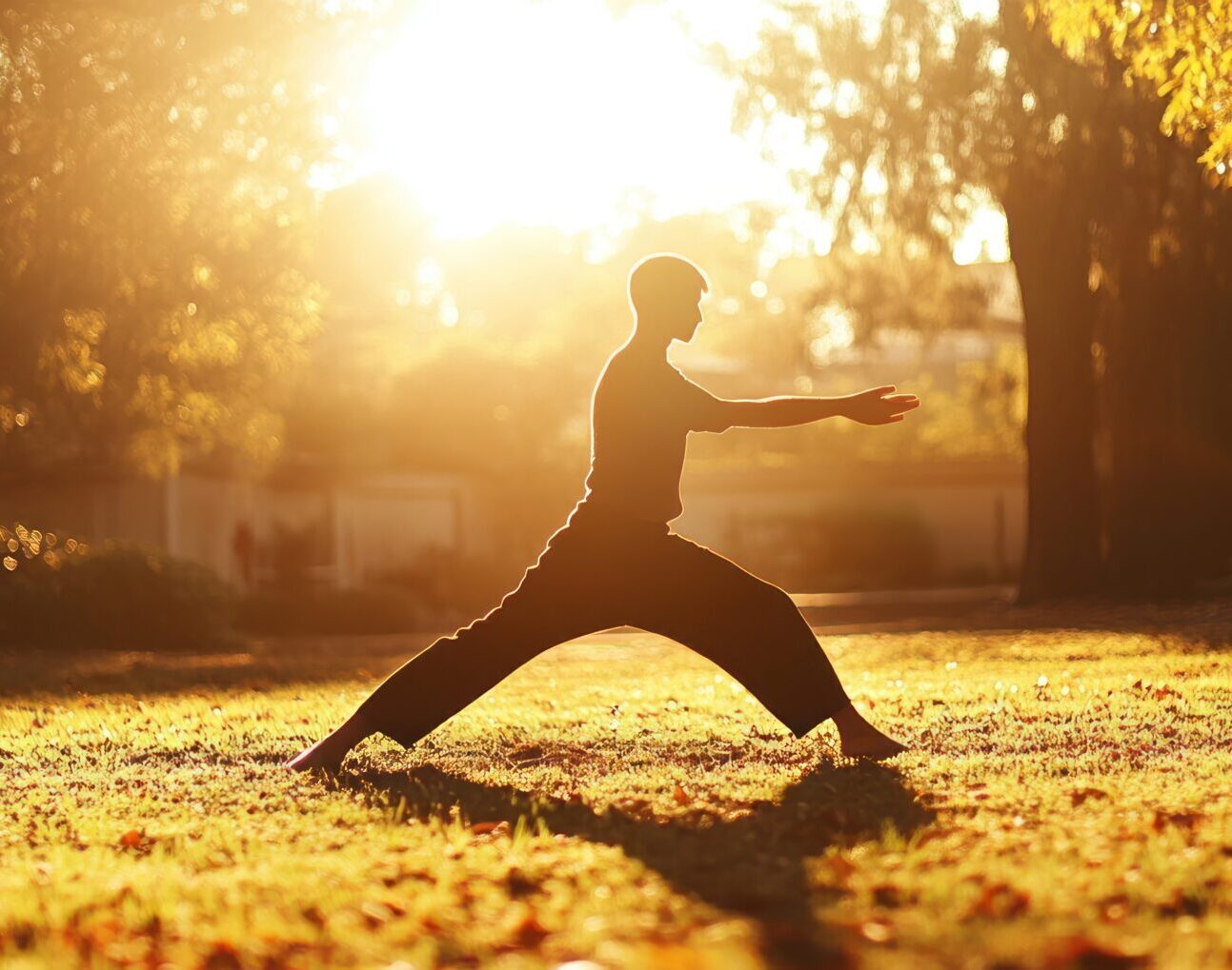 Park Tai Chi Sunrise Man practices martial arts, golden hour light, autumn leaves